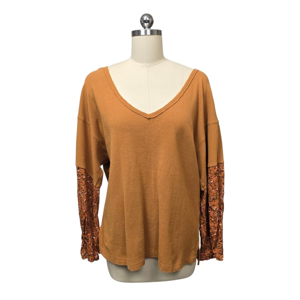 Anthropologie Orange Long Sleeve V‎ Neck Top Floral Print Sleeves Size Medium